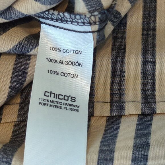 Chicos Blouse Sz 0 Sz 4 Black Tan Stripe Button-Down Shirt long sleeve collared - Picture 7 of 12